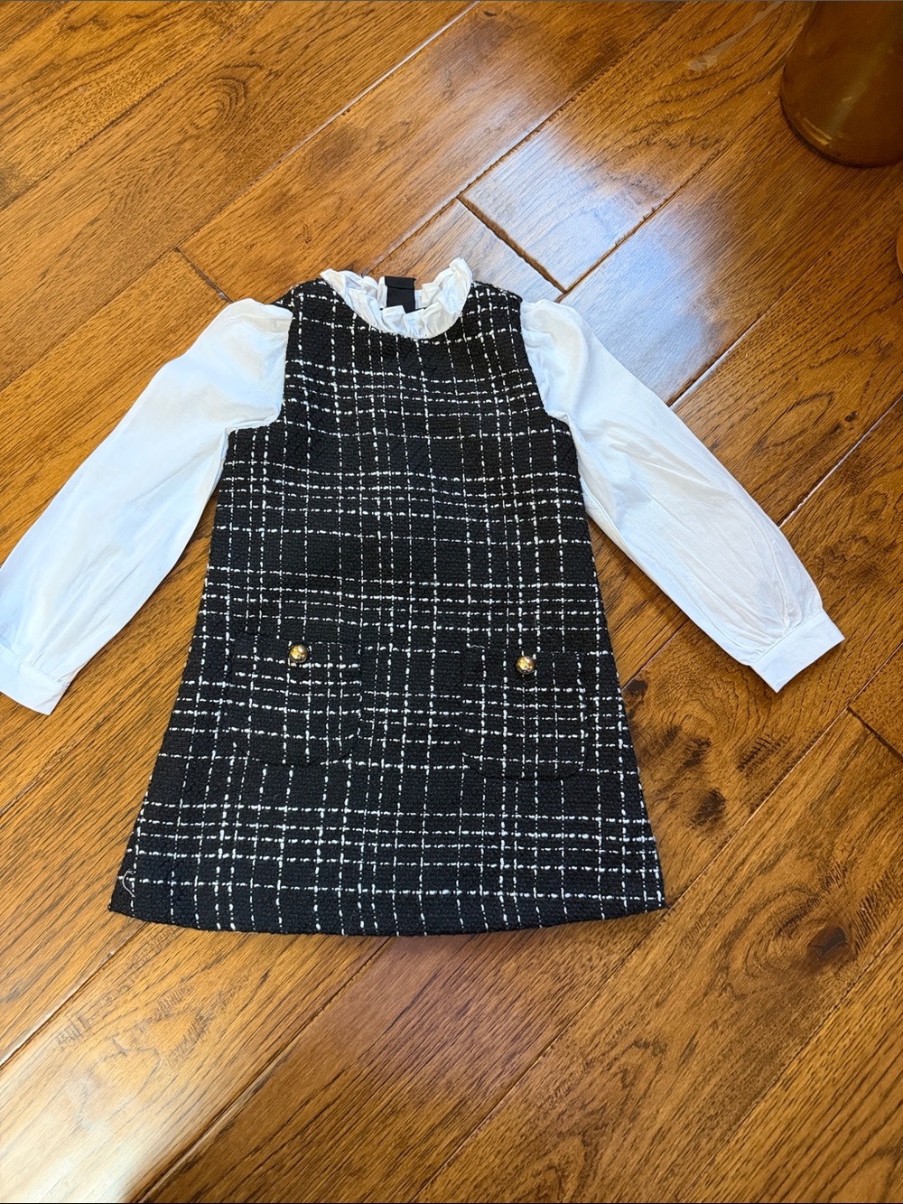 Girls Black & White Plaid Tweed Dress with White Sleeves